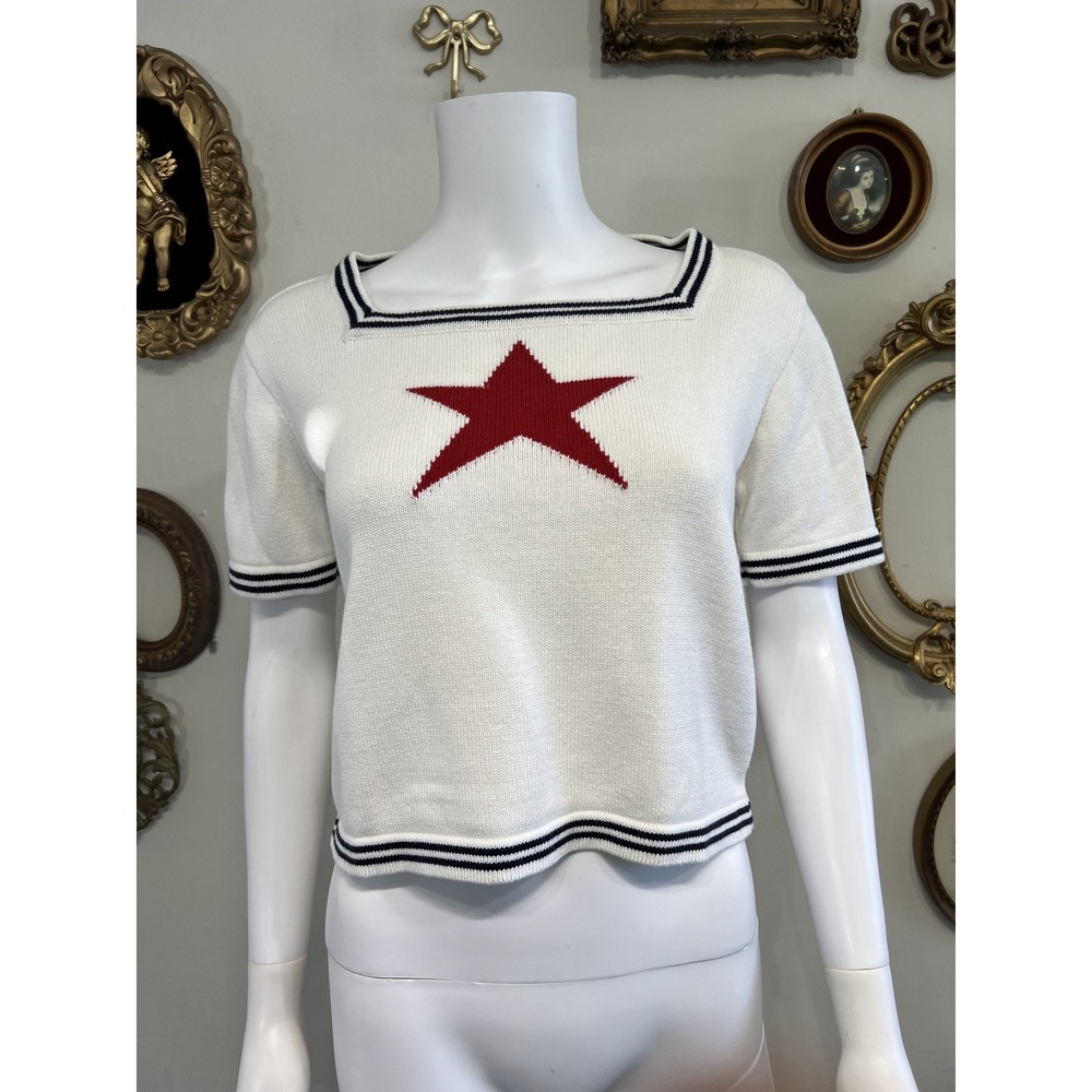 Vintage Liz Sport Petite White Red Star Short Sleeve Cotton Knit Sweater P